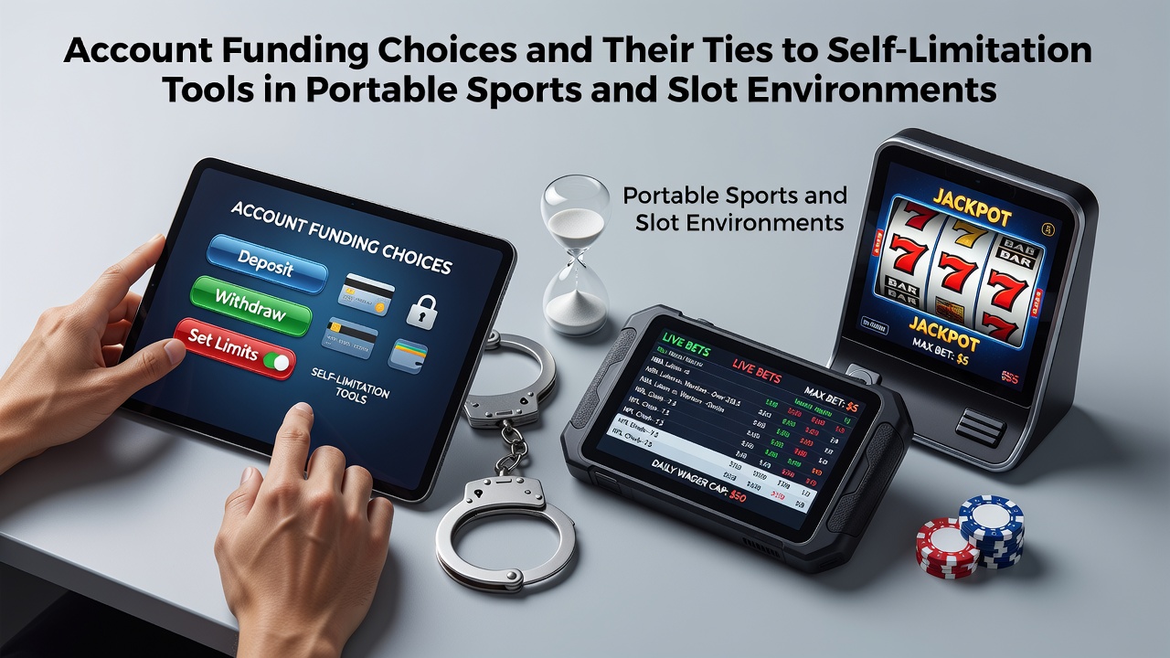 Mobile app interface showing account funding options alongside self-limitation settings for sports betting and slots