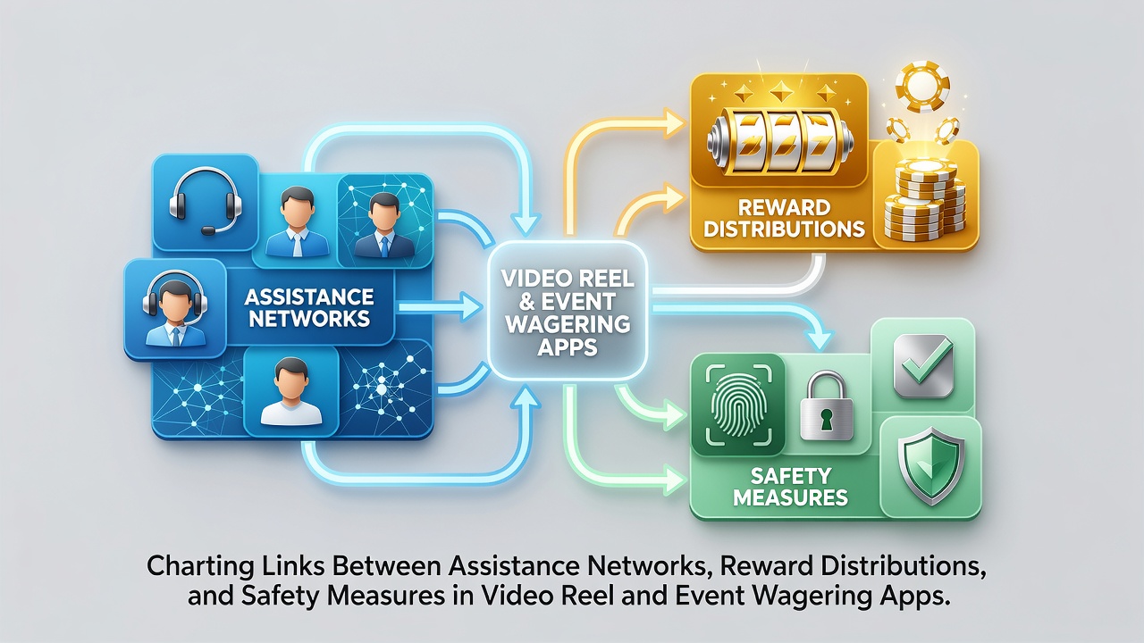 Infographic showing interconnections between player assistance systems, reward allocation patterns, and security protocols across reel and event wagering platforms