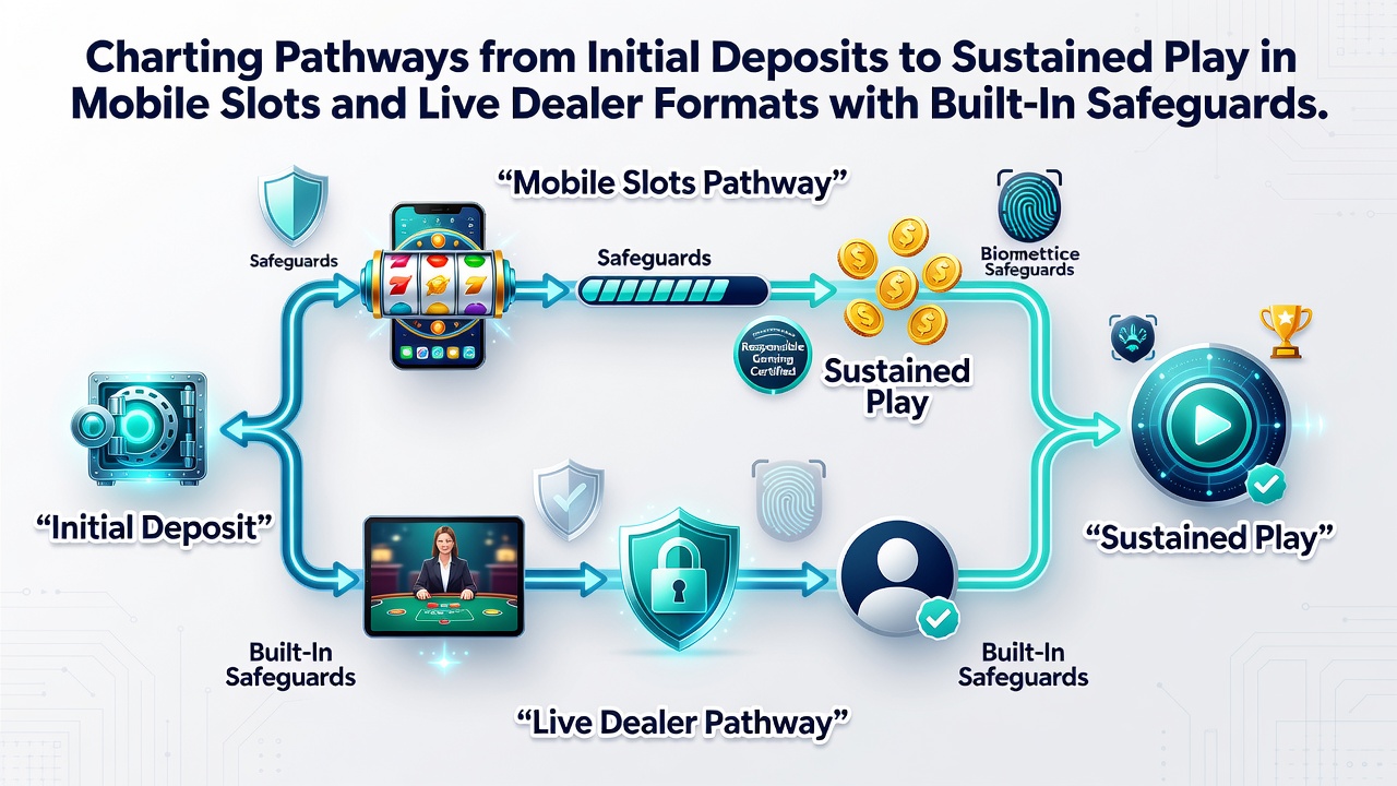 Illustration of mobile device showing deposit interface leading into slot game interface with safety indicators
