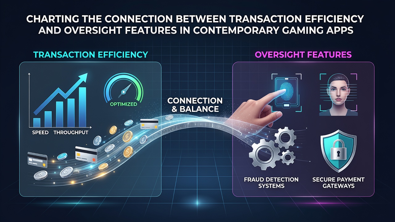 Illustration showing transaction flows and oversight dashboards integrated within gaming app interfaces