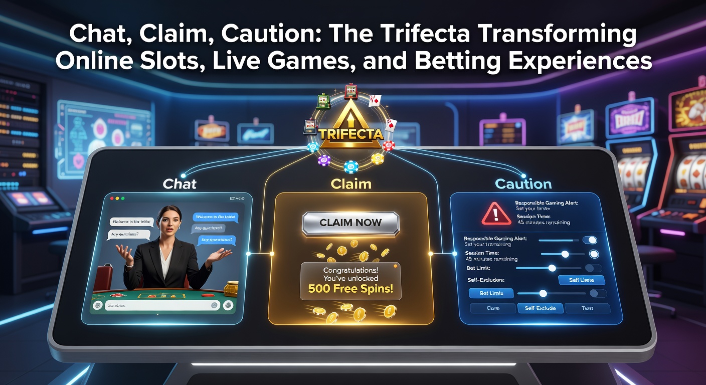 Dynamic split-screen of a player chatting live, claiming a bonus on slots, and viewing caution reminders during a betting session