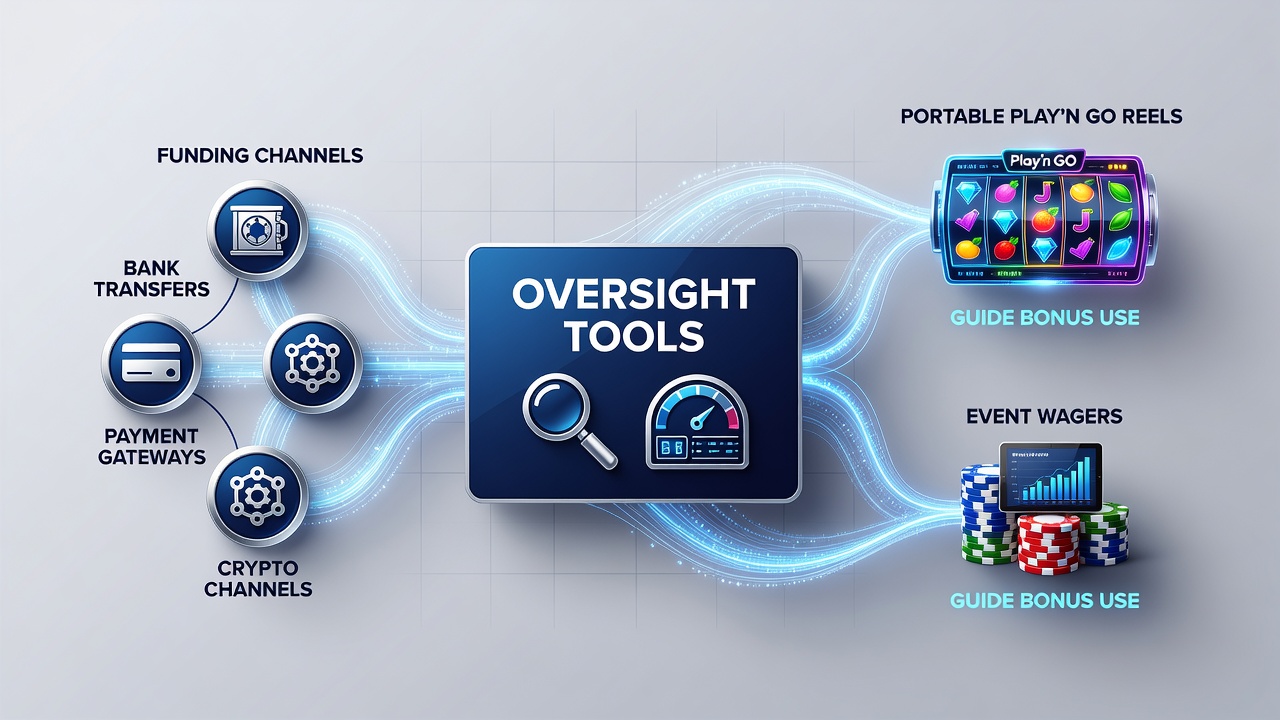 Mobile device displaying Play'n GO slot interface alongside payment and monitoring dashboard elements