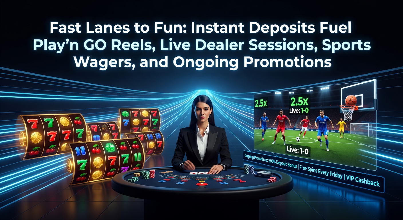Vibrant casino scene showing slot reels spinning, live dealer tables in action, and sports betting screens with instant deposit notifications