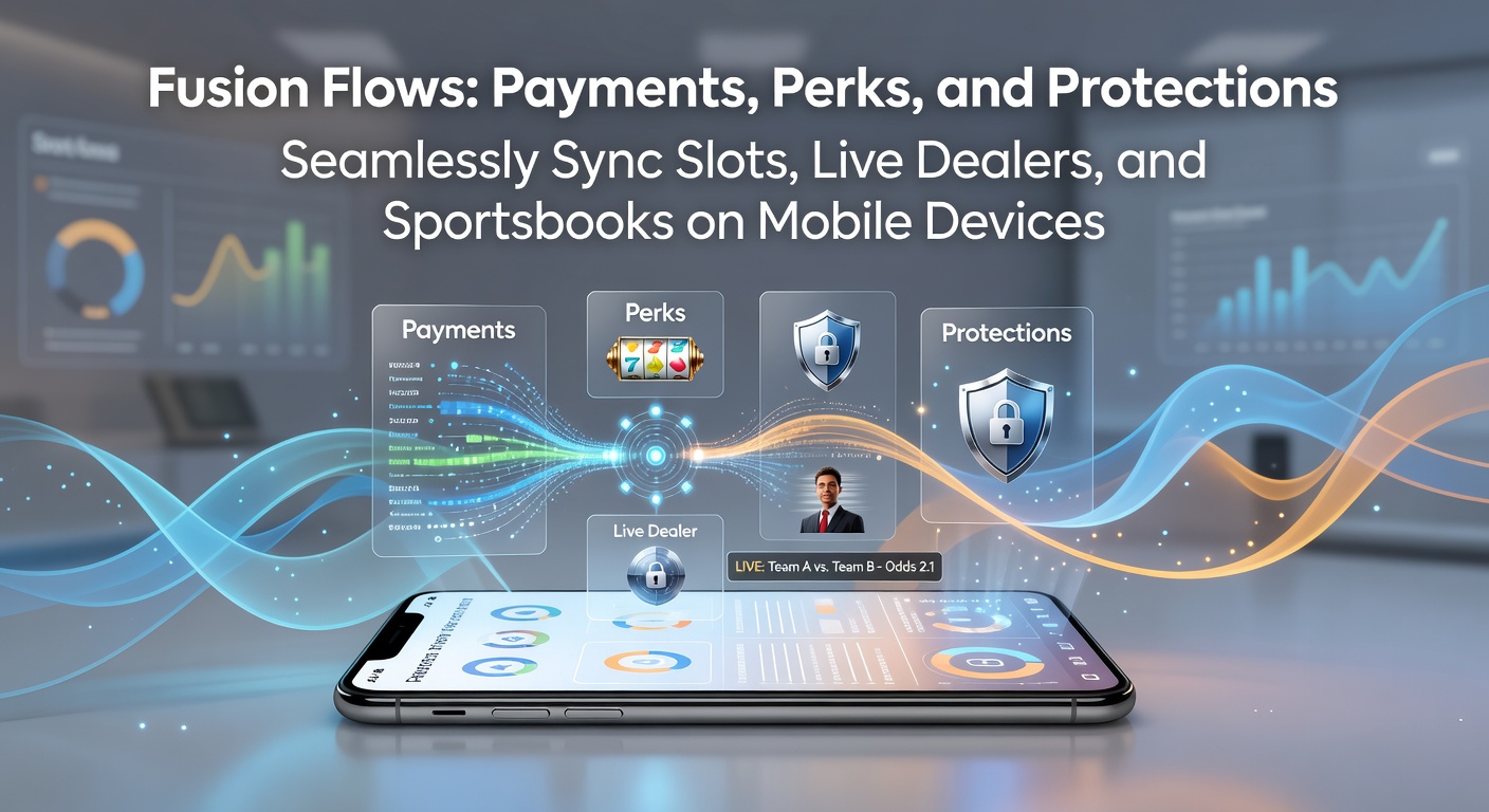 Mobile screen displaying synchronized slots, live dealer blackjack, and sportsbook odds with seamless payment and bonus overlays