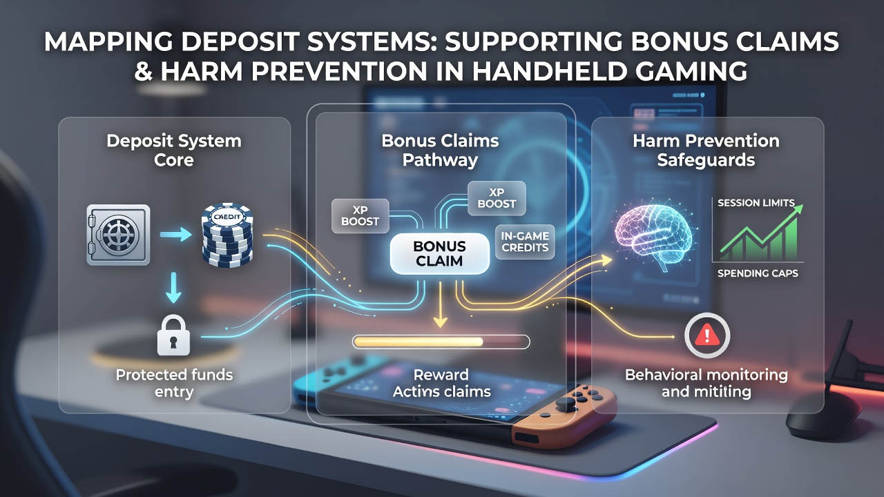 Illustration of mobile deposit flows connecting bonus validation steps with built-in harm reduction tools on handheld devices