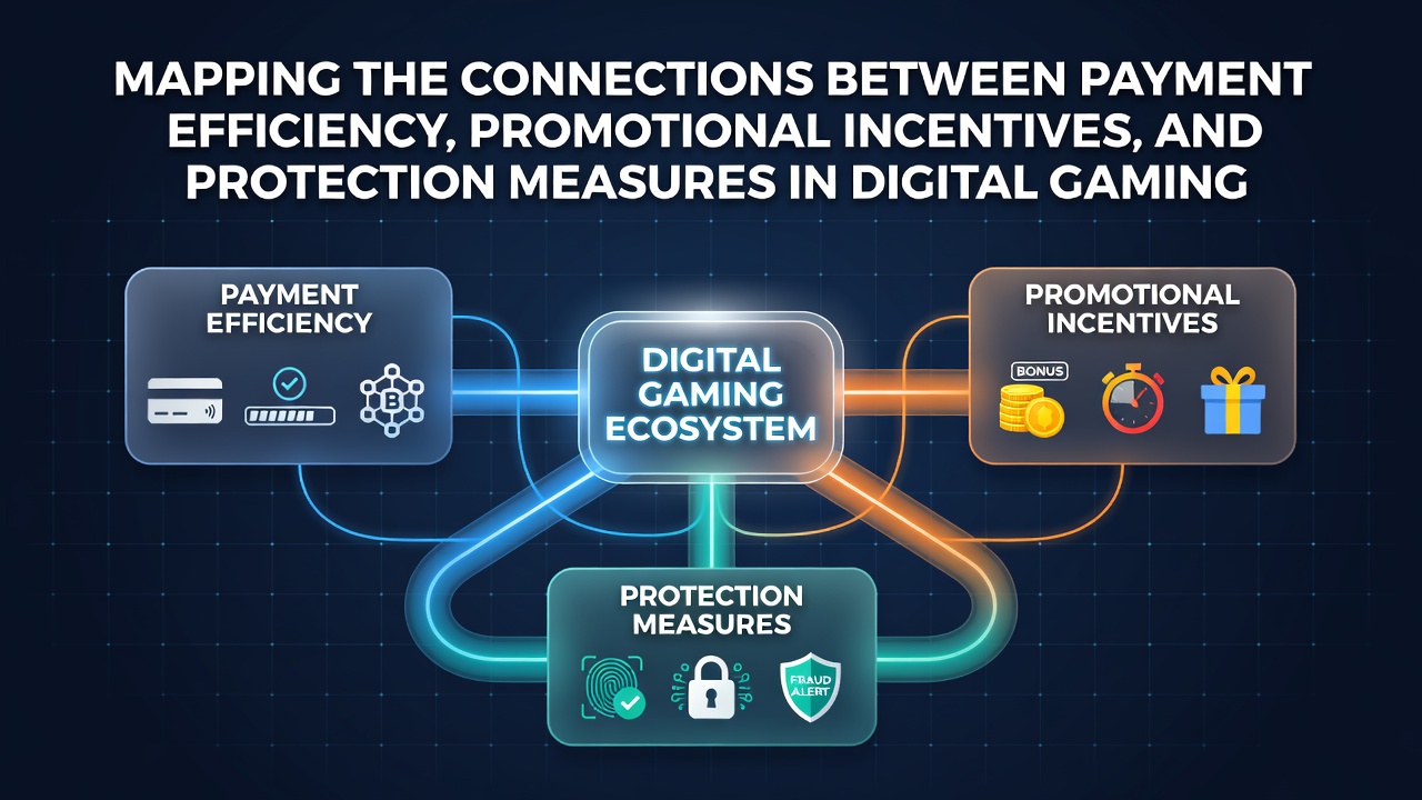 Illustration showing interconnected payment systems, promotional bonuses, and security protocols in online gaming platforms