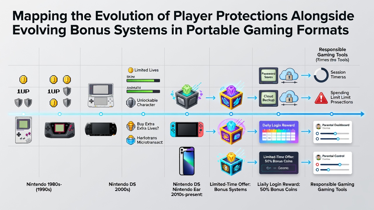 Timeline illustration showing the development of player protection tools alongside changing mobile bonus systems from early apps to current platforms