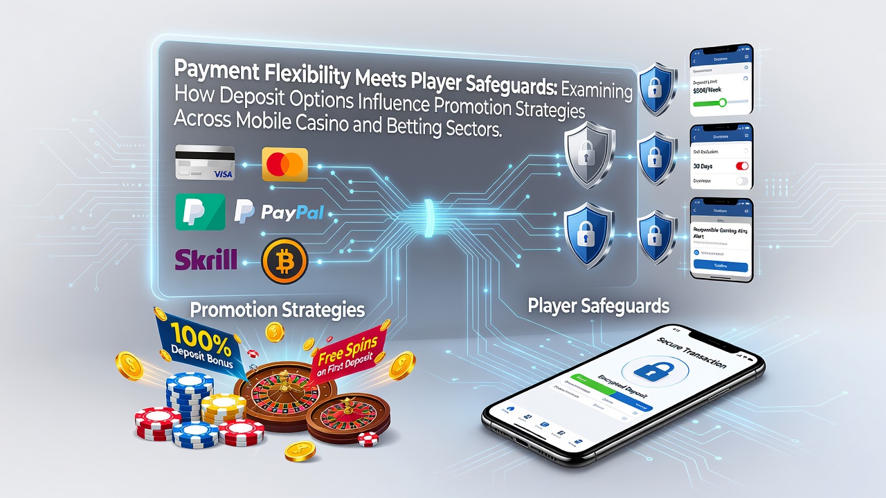 Visual representation of diverse deposit methods and player protection tools in mobile casino and betting environments