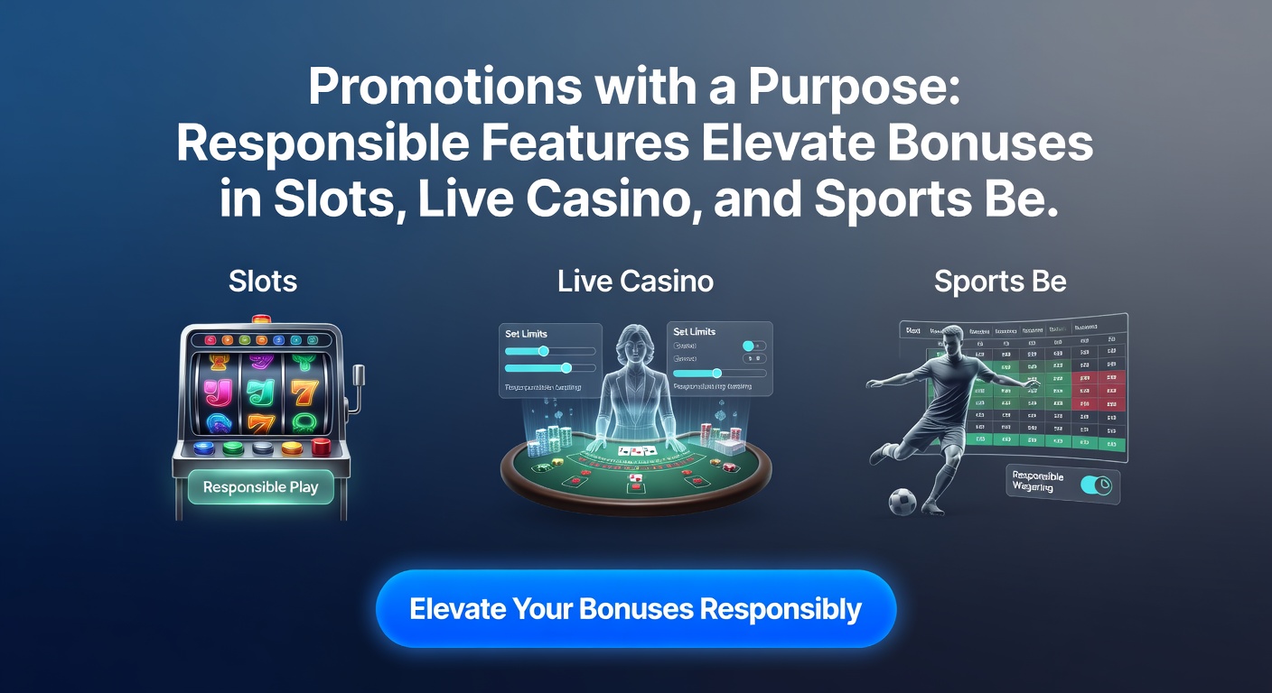 Live dealer table with roulette wheel, cards, and sports betting odds screen featuring bonus badges alongside responsibility icons like lock shields and clock timers