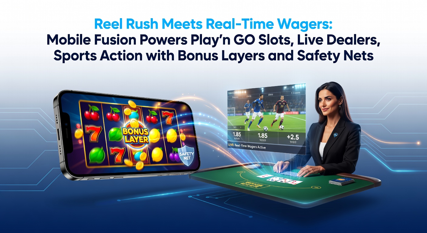Vibrant mobile screen displaying Play'n GO slot reels spinning alongside live dealer blackjack and real-time sports betting odds, with bonus icons and safety features highlighted