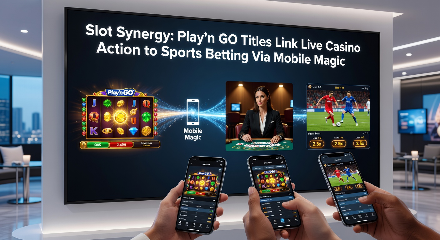 Dynamic collage of Play'n GO slot symbols merging with live dealer cards and sports stadium highlights on a smartphone, capturing mobile-driven gaming fusion